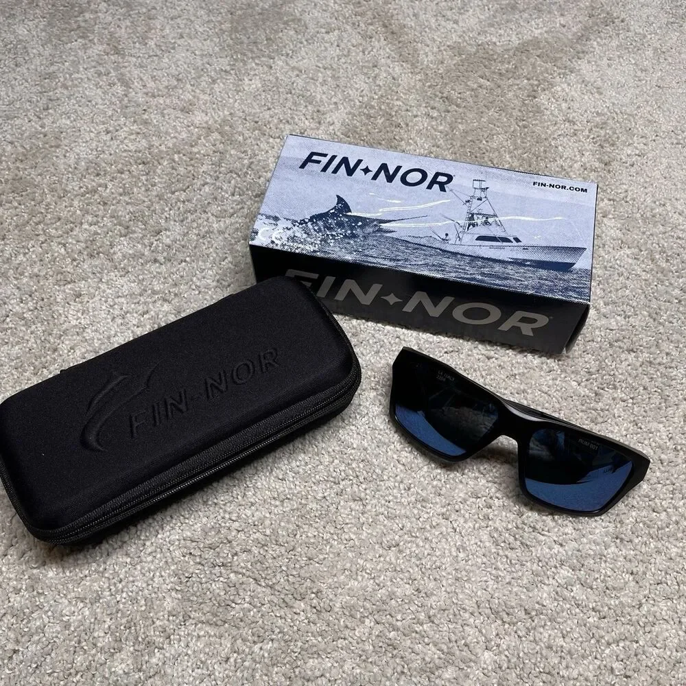 NEW Fin-Nor Rum Line Polarized Sunglasses Matte Black Mirrored Blue Lens w/ Case